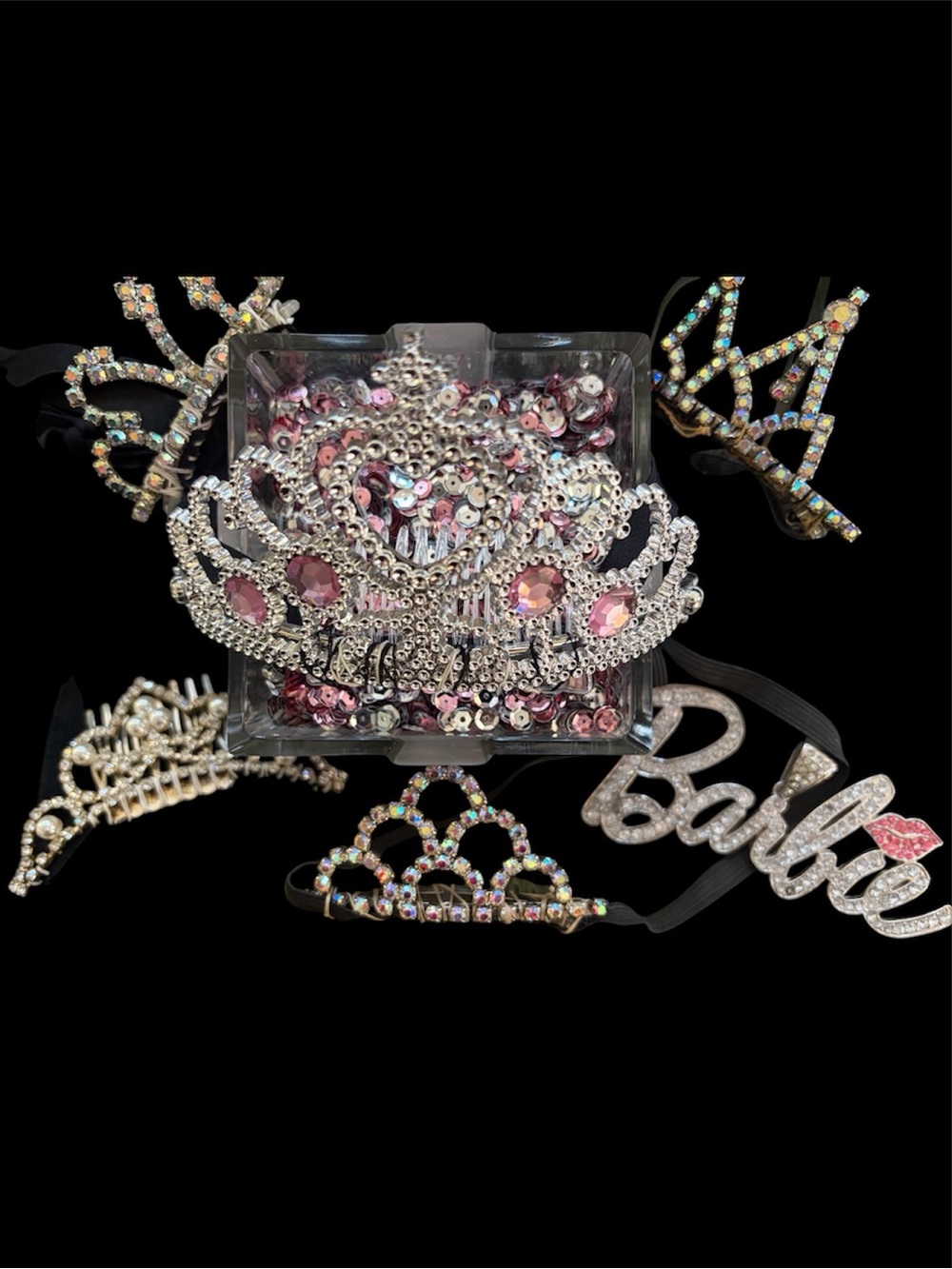 Set of Barbie medallion and 5 tiaras hand sewn onto headbands
